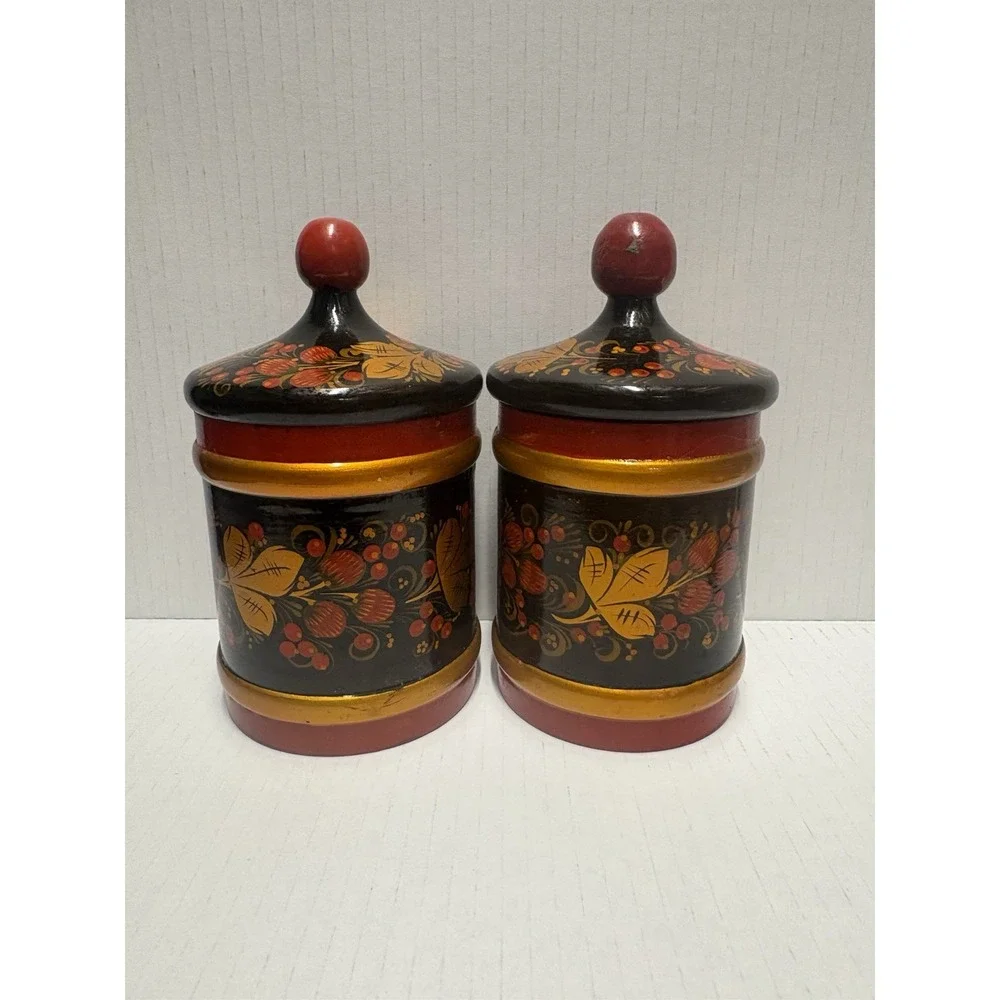 Vintage Russian Khokhloma‎ Jar  6.5 in tall Lidded Wood Lacquer plus 2 spoons